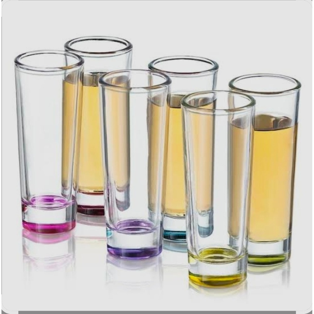 JoyJolt Hue 6 Piece Colored Shot Glass Set 2.5 oz Tall Blown Glass Barware NEW